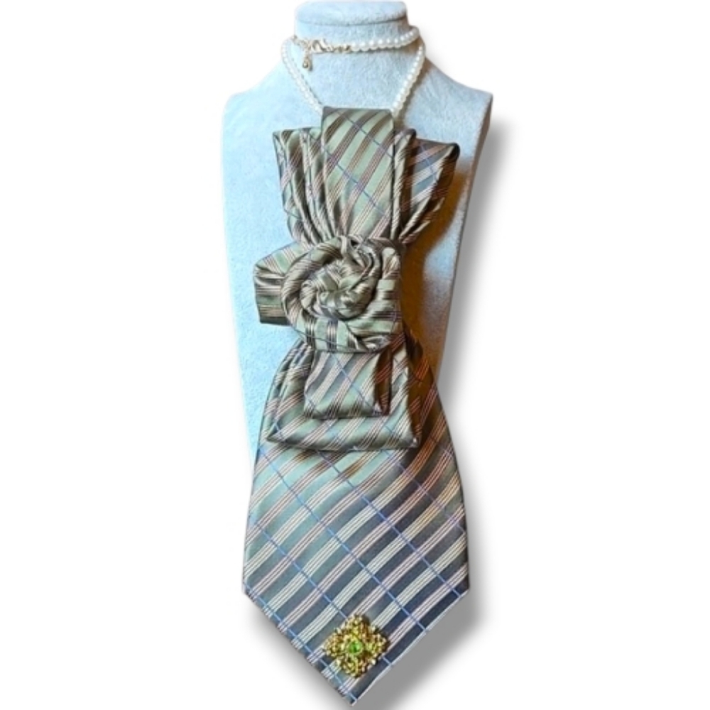 3/$60 Decorative Balmain Green Striped Silk Folded Rose Cravat Green Brooch